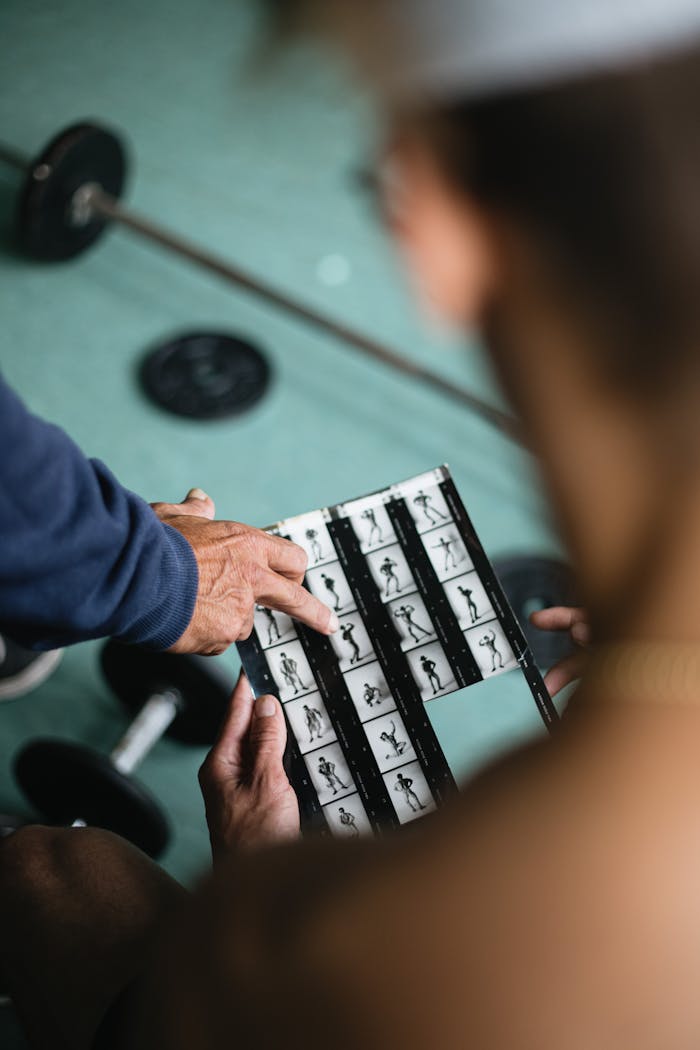 Two individuals examining contact sheets in a gym environment, surrounded by weightlifting equipment.