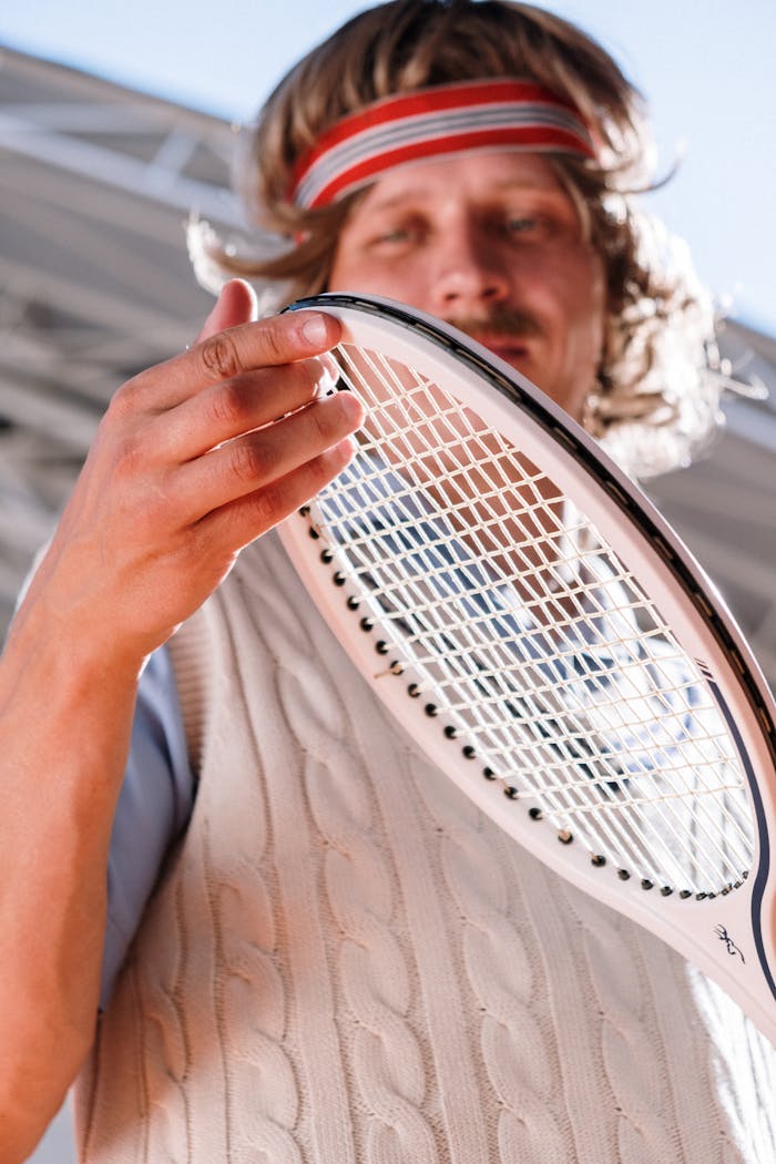 A man in 70s attire examining a tennis racket outdoors. Vintage sports vibe.